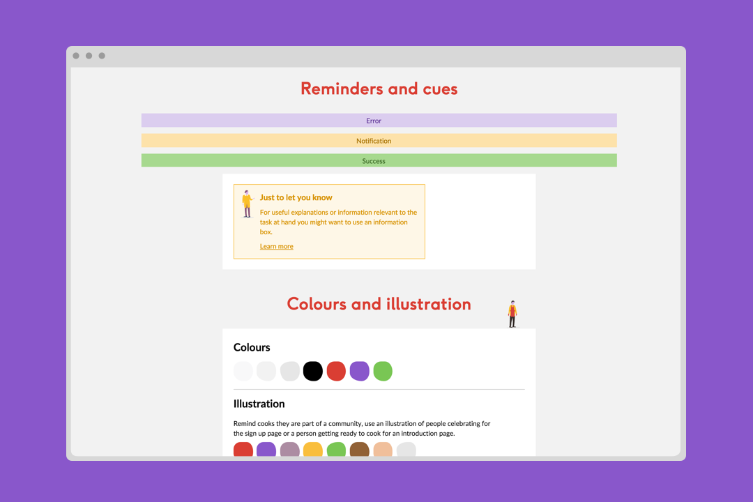 The style guide showing colours and illustration