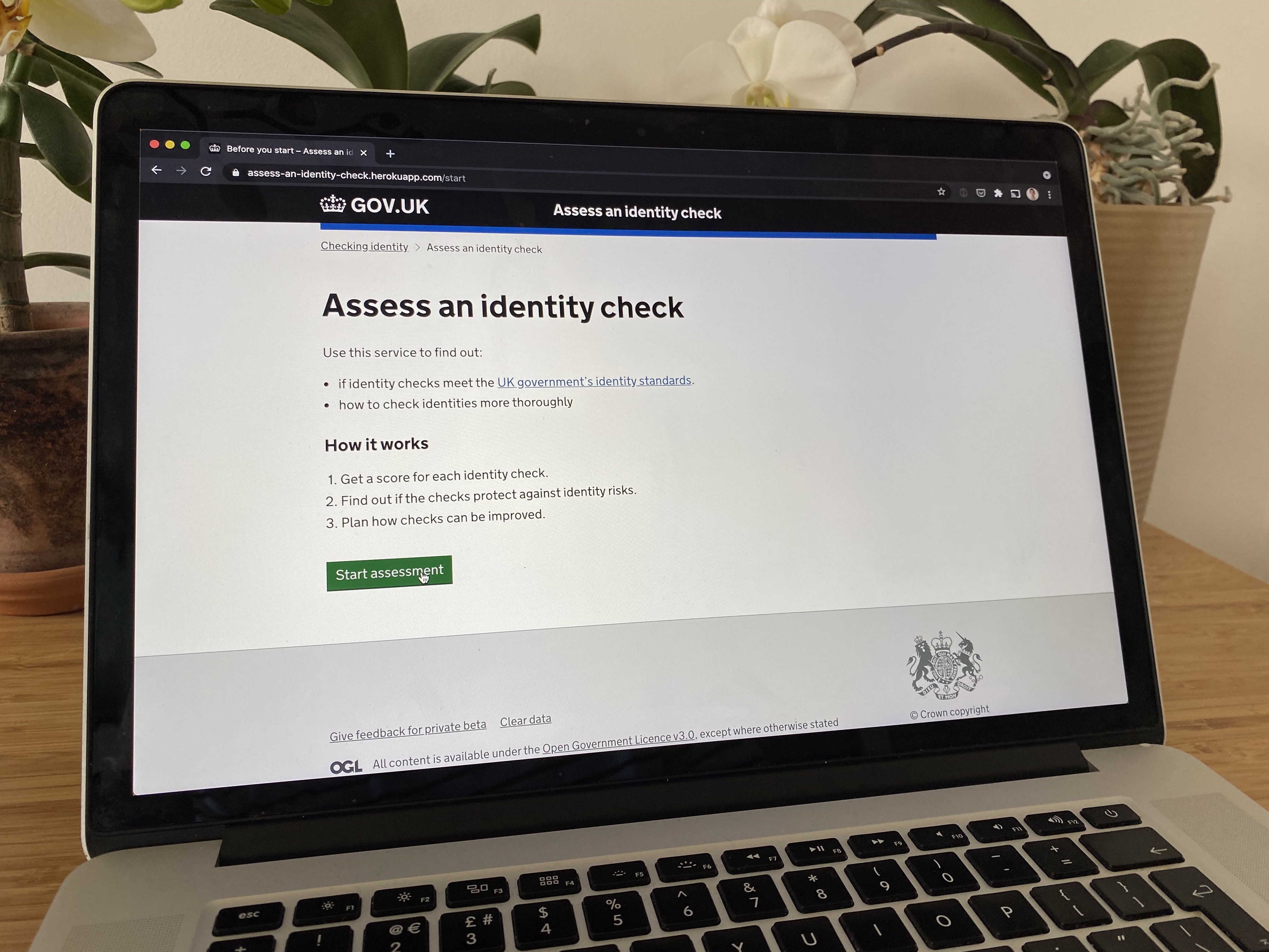 The start page for the identity check assessment tool